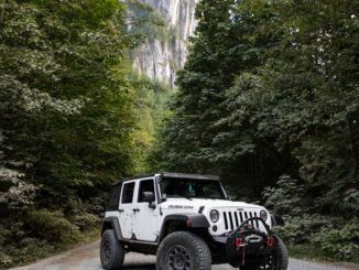 Une Jeep Wrangler robuste sur une route de gravier entourée d'une forêt luxuriante et de montagnes imposantes.