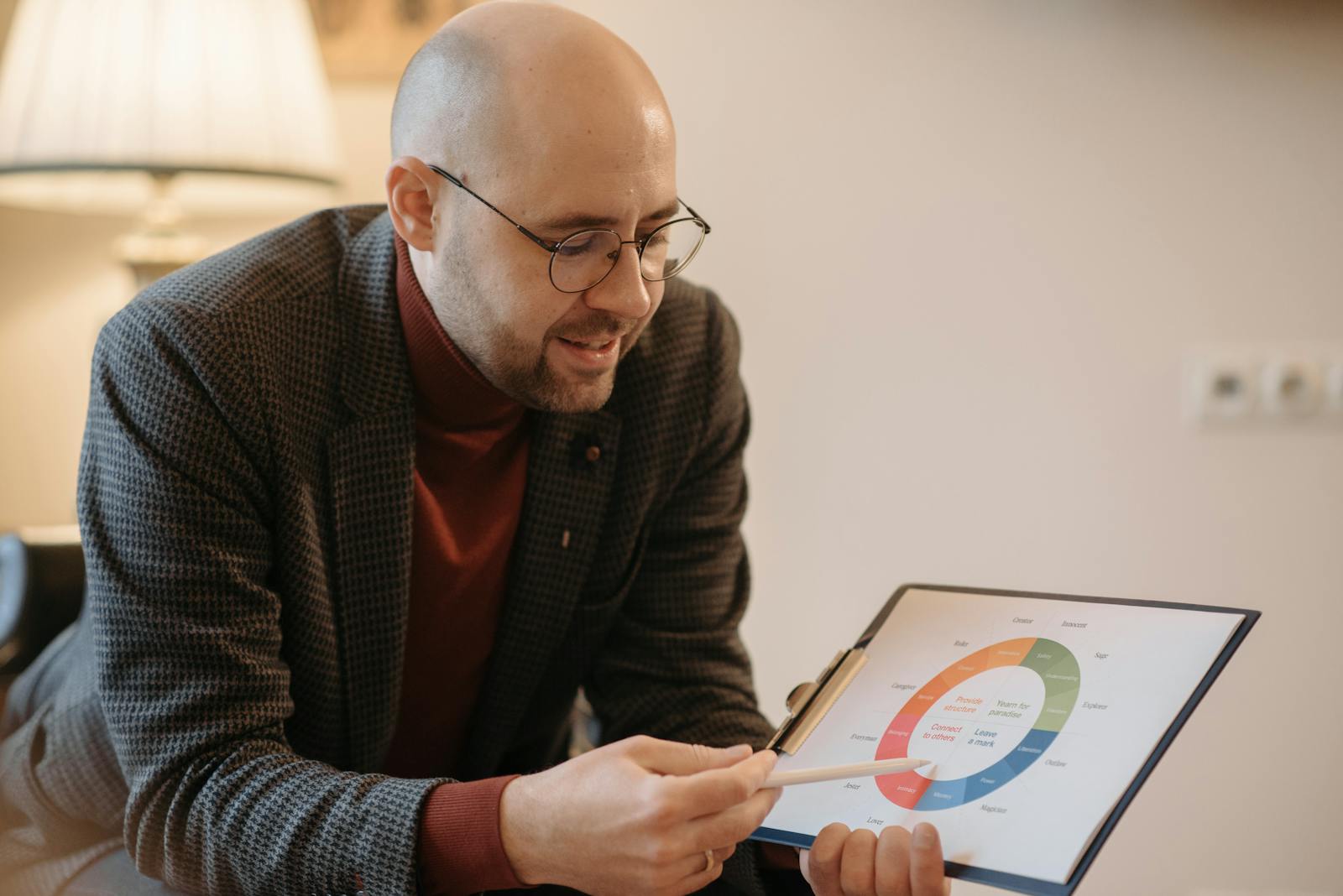 Un homme explique les données à l’aide d’un tableau à code couleur sur un presse-papiers dans un cadre intérieur confortable.
