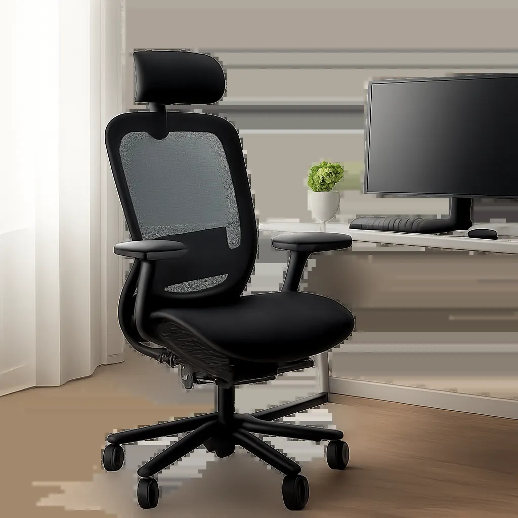 Illustration d’une chaise de bureau ergonomique dans un espace de travail moderne. L’image met en avant le confort, les réglages et l’usage intensif devant ordinateur.